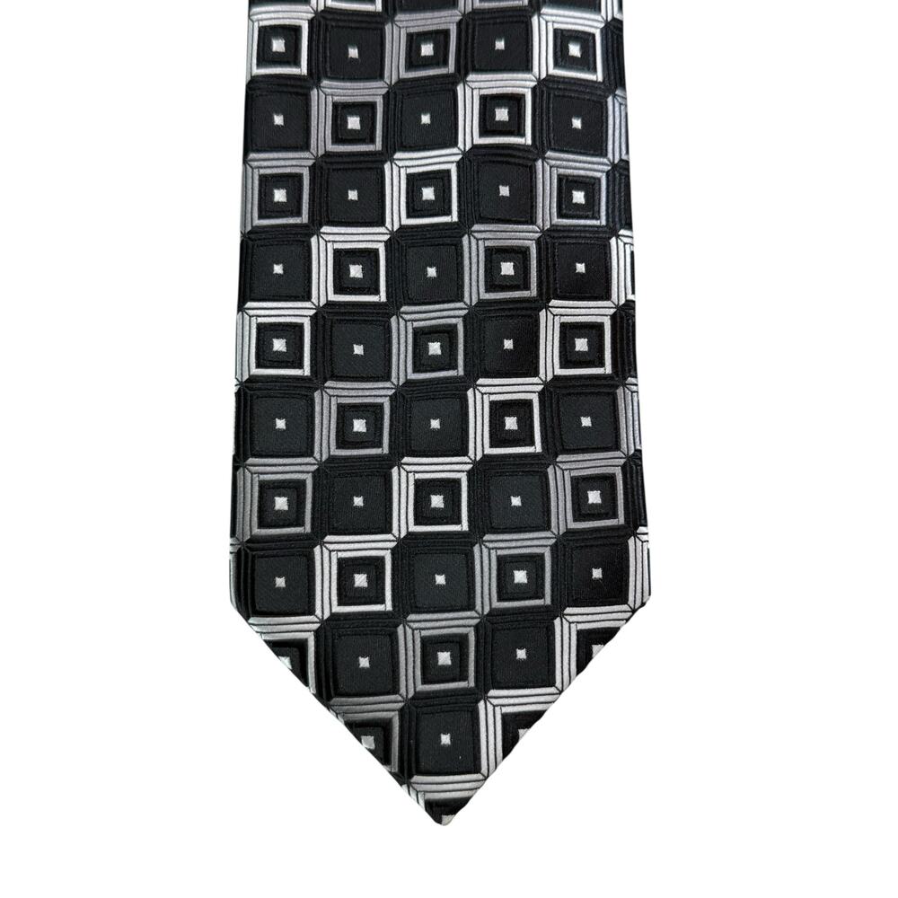VTG Croft & Barrow Necktie Black Gray Geometric Square All Over‎ Print Mens Tie